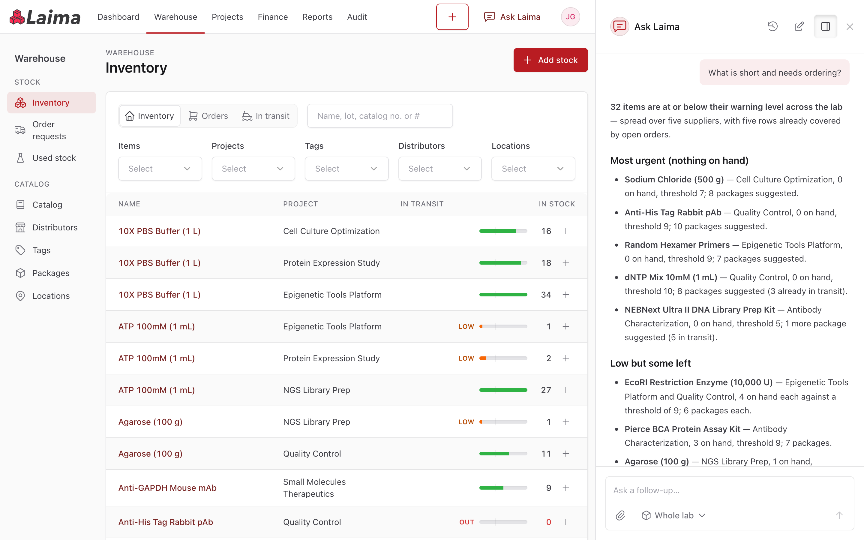 Ask Laima pinned beside the inventory page, listing what is short and needs ordering