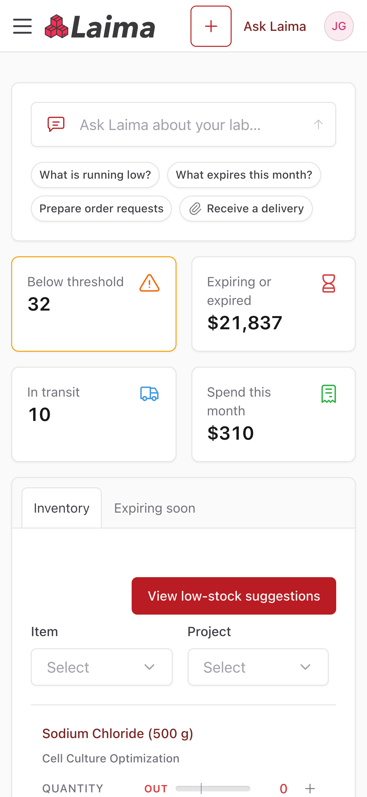 Laima dashboard on a phone with the Ask Laima box and tiles for stock below threshold, expiring stock, deliveries in transit, and spend this month