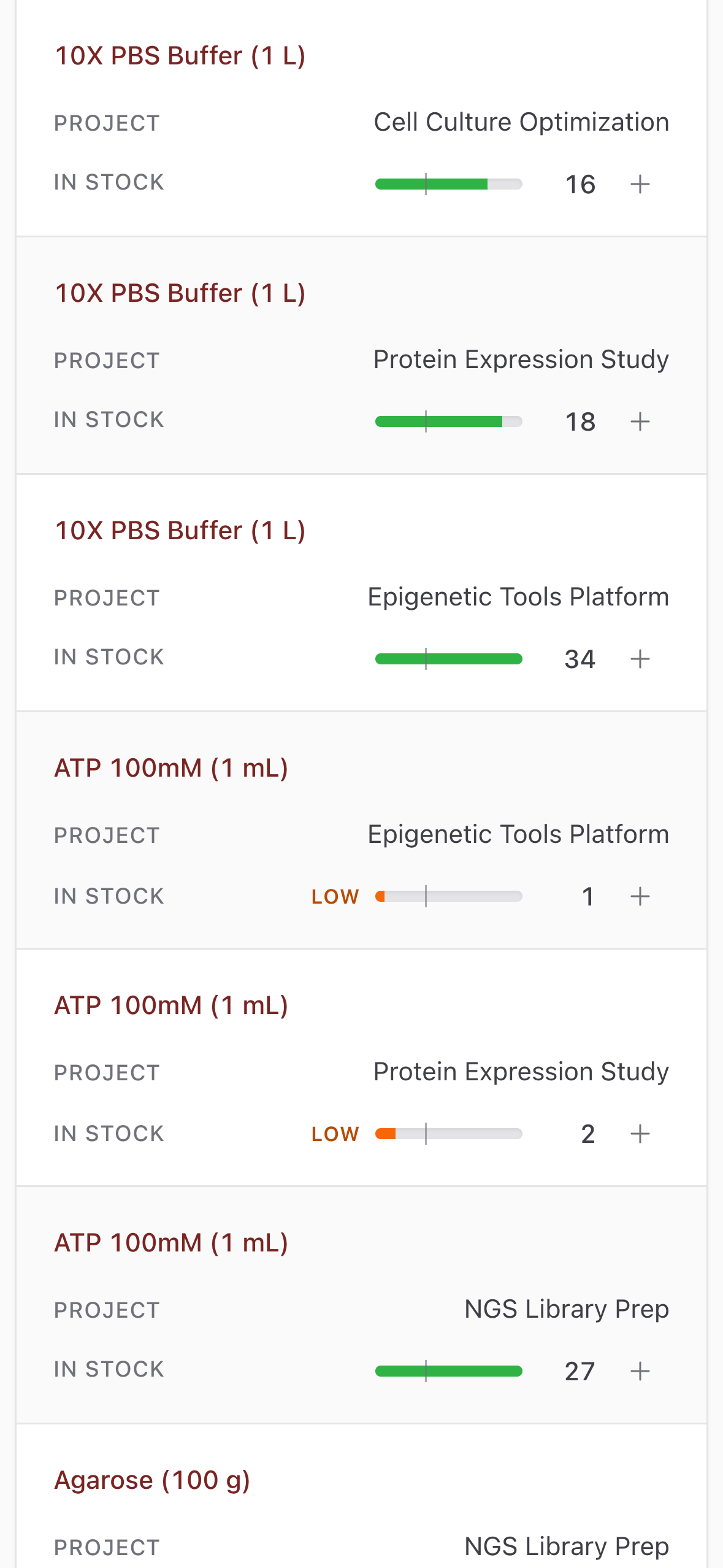 Inventory list on a phone, each item stacked with its project, in-stock quantity, stock bar, and Low badge