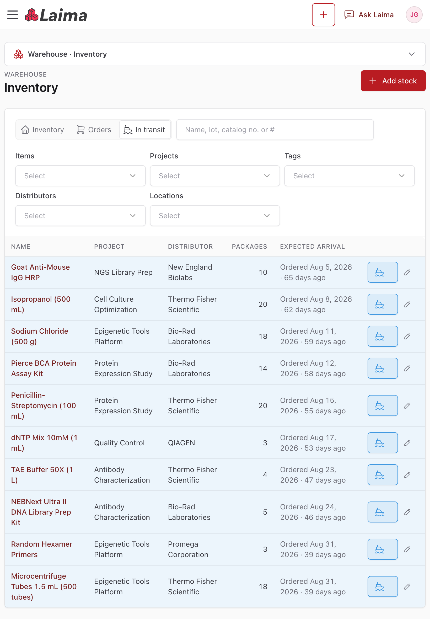 In transit list on an upright iPad with name, project, distributor, packages, and expected arrival on screen