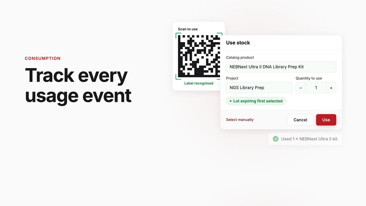 Laima in 17 seconds: scan a label, record use, check expiry dates and spending, and ask the AI assistant what is running low. Free for labs.